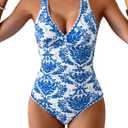 B2prity One Piece Swimsuit for Women Tummy Control Ruched Bathing Suit Push Up Tie Back Swimwear Shell Stitched (Blue, XL)