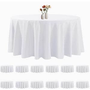 12 Pack Round Tablecloth 132 Inches White Table Cloth Stain and Wrinkle Resistant Washable Polyester Fabric Table Cover for Party, Wedding and Banquet Decoration
