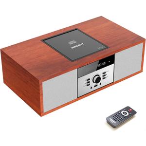 Nostalgic Bluetooth Stereo System for Home, WISCENT Vintage Micro HiFi Systems CD Player,with Bluetooth Audio Streaming,FM Radio,USB Port,Auxin,Earphone Port (Brown)