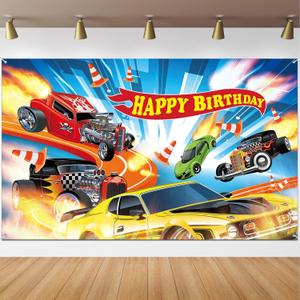 Hot Car Birthday Party Decorations Hot Race Car Birthday Party Backdrop 5.9x3.6ft Banner Background for Boys Racing Signs for Indoor Outdoor Decorations Supplies