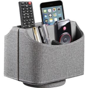 Leather Remote Control Holder 360 Degree Spinning, Desk Organizer for TV Remote Controllers, Caddy,Pen,Calculator,Media Player Storage box (Grey)