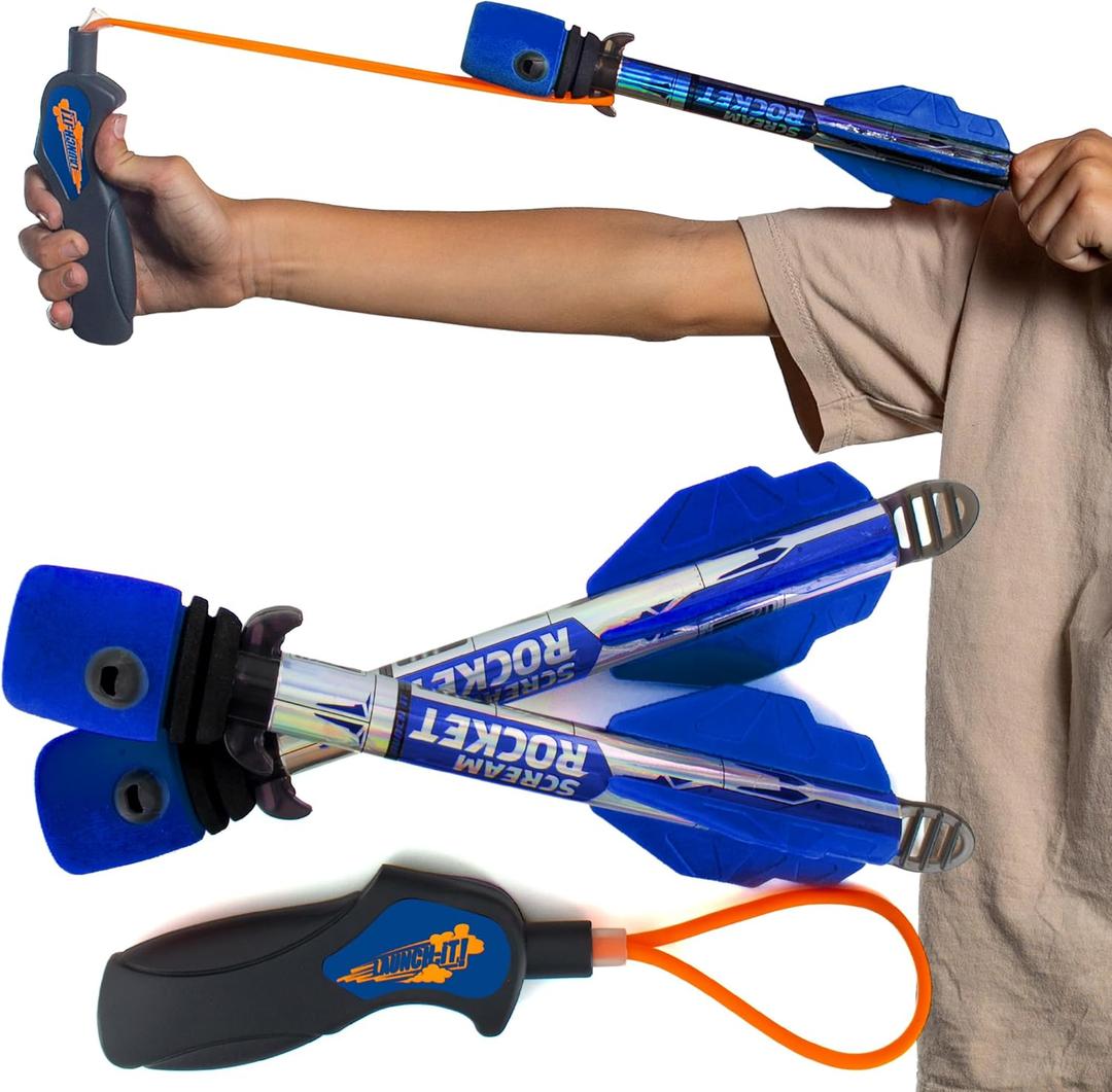 Toy Rocket Launcher for Kids: Best Outdoor Toys Slingshot Rockets Launchers Air Foam Rockets Games for Boys & Girls All Ages. Party Favor Easter Basket Stuffers & Great Gifts for Ages 8 9 10 11 12 + (Blue)