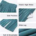 GRAPENT Capri Pants for Women High Waisted Wide Leg Linen Palazzo Trousers Pull On Elastic Smock Waist Loose Flowy Pants (Blue, L)