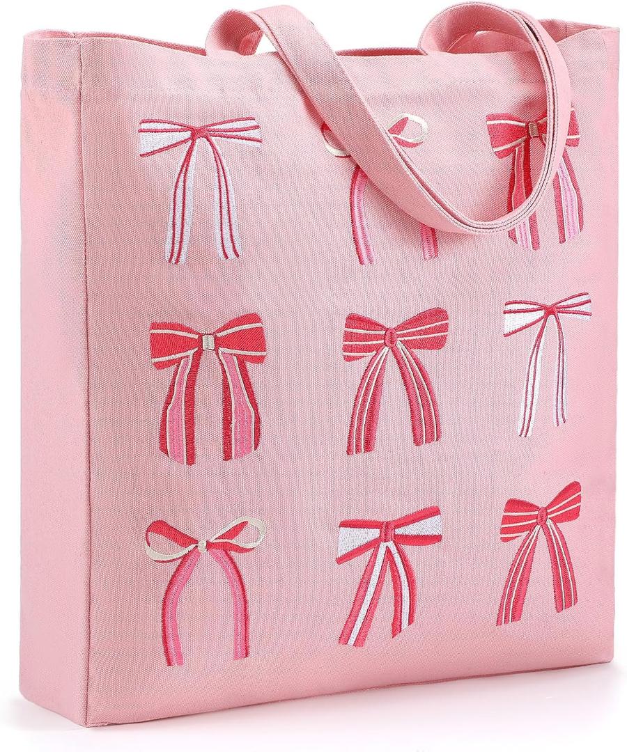 Paterr Pink Bow Tote Bag for Women Embroidery Coquette Canvas Tote Large Preppy Aesthetic Reusable Grocery Folding Shoulder Bag Gift for Women Shopping Travel