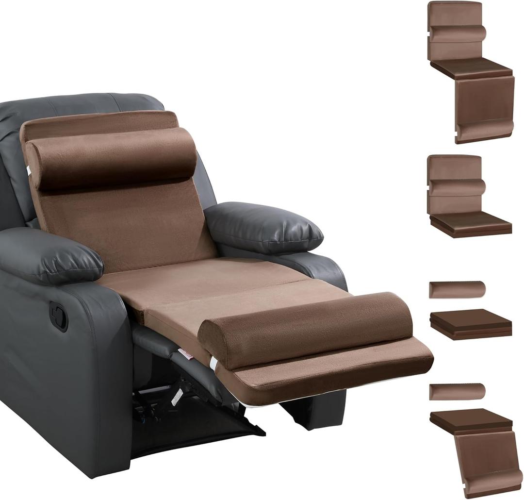 HOMBYS 5-in-1 Recliner Seat Cushion for Elderly+Lumbar Support Pillow + Leg Pad, with Adjustable Half Moon Neck Pillow & Footrest, Foam Filling with Velvet Fabric, Thick & Non-Slip, Brown