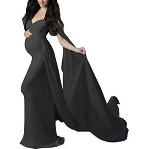 Women Off Shoulder Long Sleeve Maternity Dress Tulle Elegant Slim Fit Gown Baby Shower Photography Maxi Dress for Photo Shoot, Size,XL