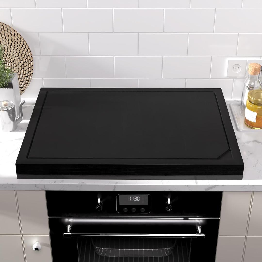 Wooden Stove Top Covers for Gas Burner and Electric Stove, Glass Cooktop Protector, Wood Noodle Board Stovetop Cover With Handles, Black, 30"L x 22"W