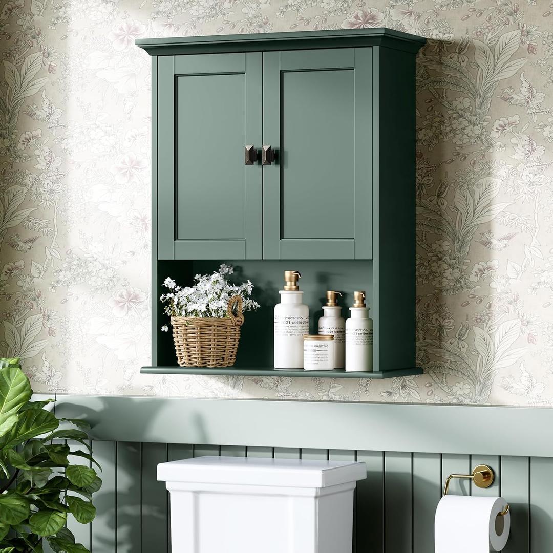 Bathroom Wall Cabinet, Wooden Medicine Cabinet Above Toilet Storage Cabinet with Doors and Adjustable Shelf Wall Mounted Storage Organizer Cabinet Over Toilet Cabinet (Forest Green)