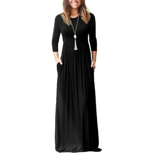 WNEEDU Women's 3/4 Sleeve Casual Loose Long Maxi Dresses with Pocket (Medium)