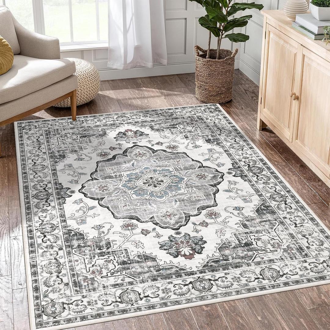 Area Rug 5x7 Washable Rug for Living Room,Retro Boho Rugs for Bedroom Low Pile Non Slip Dining Room Rug Soft Vintage Floor Carpet for Home Office Decor