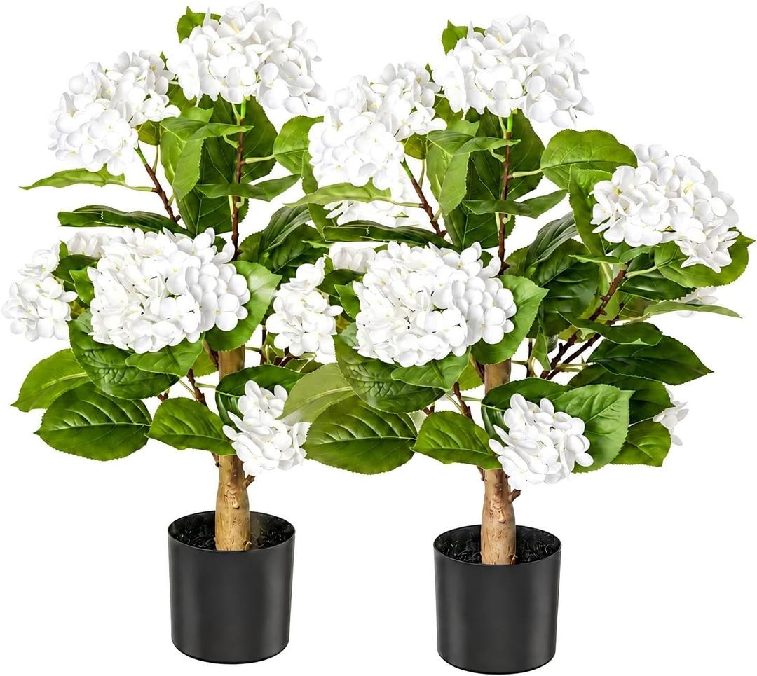 Artificial Hydrangea Flowers Tree for Outdoors, Sturdy 2FT Fake Plants with Weighted Pot, UV Resistant White Artificial Flowers for Front Porch & Home Decor, 2 Pack