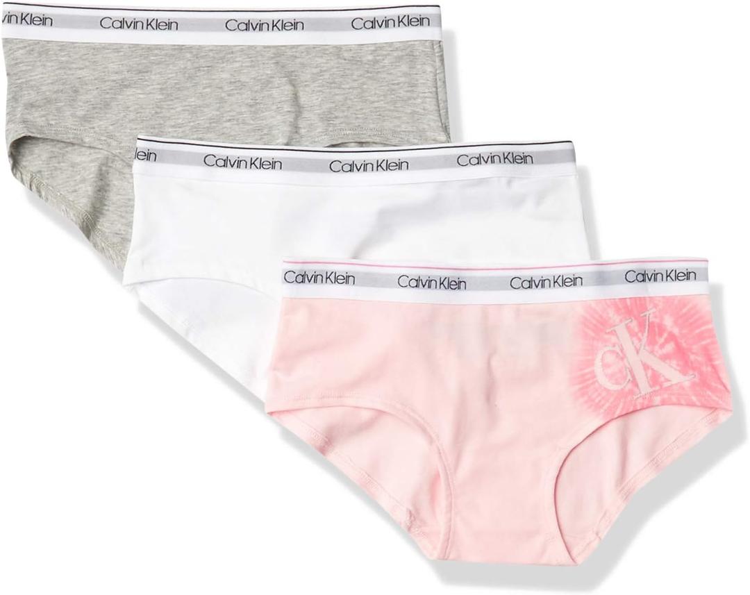 Calvin Klein Kids Girls' Modern Cotton Hipster Underwear 3-Pack (Small, White/Heather Grey/Strawberry Tie-dye)
