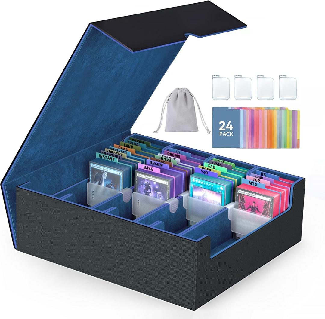4-Row3200+ Trading Card Storage Box, Card Organizer Holder with 24 Dividers, Case Fit for MTG TCG Magic Commander Deck Playing Cards, Deck Box for Sport Card (Blue)