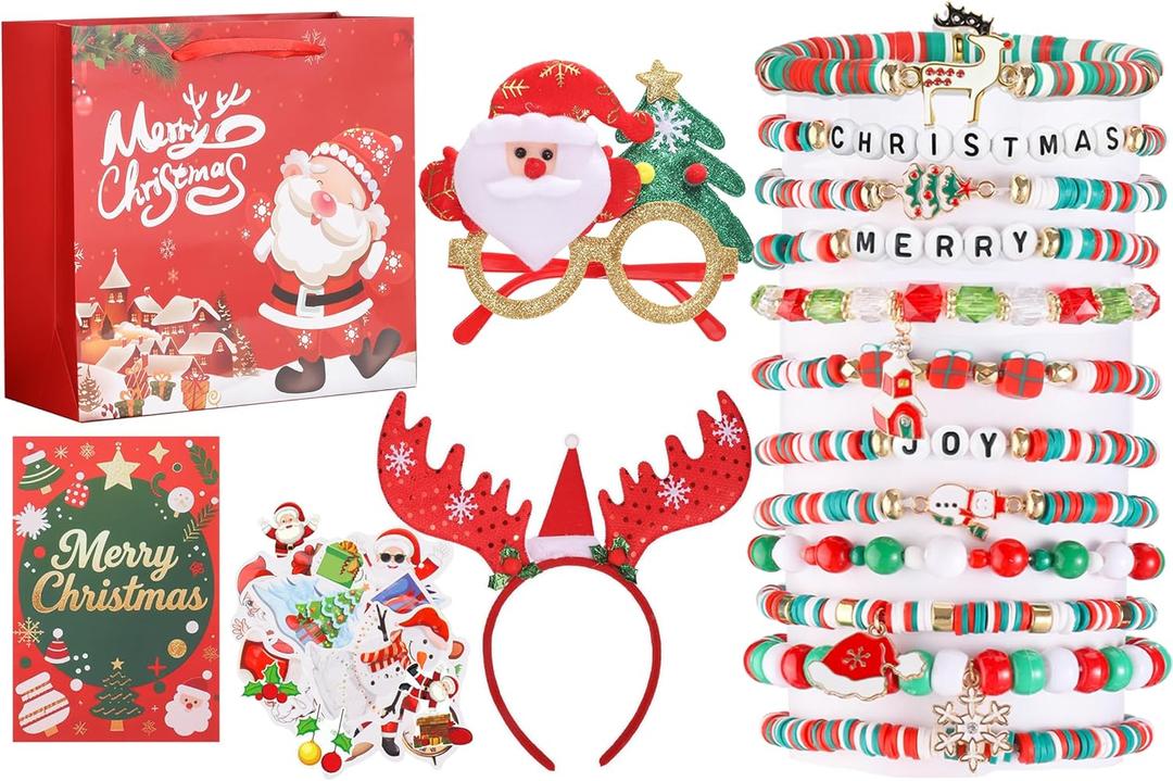 2 x Christmas Bracelets Set for Women & Teens Christmas Gifts Headbands Stickers Glasses Gift Bag Card Perfect Xmas Party Jewelry Gift Xmas Sock Filler