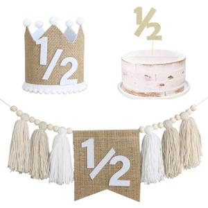 1/2 Birthday High Chair Banner, Half Birthday Crown Hat, Decorations for 6 Months Baby Party, White Photo Props