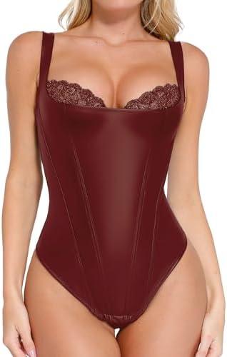 Popilush Faux Leather Body Suits for Womens Tummy Control Shapewear Bodysuit Lace Corset Tops Thong Body Shaper.XL