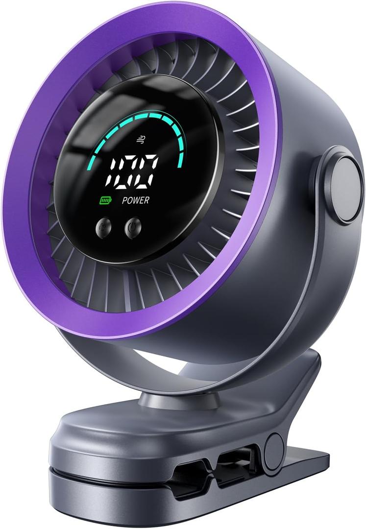 KIMMOO Portable Clip on Fan, 100-Speed Rechargeable USB Fan with LED Display, 360 Rotation & Strong Airflow Desk Fan, Up to 17 Hours Small Battery Fan for Outdoor Travel Camping Treadmill Car (Grey)