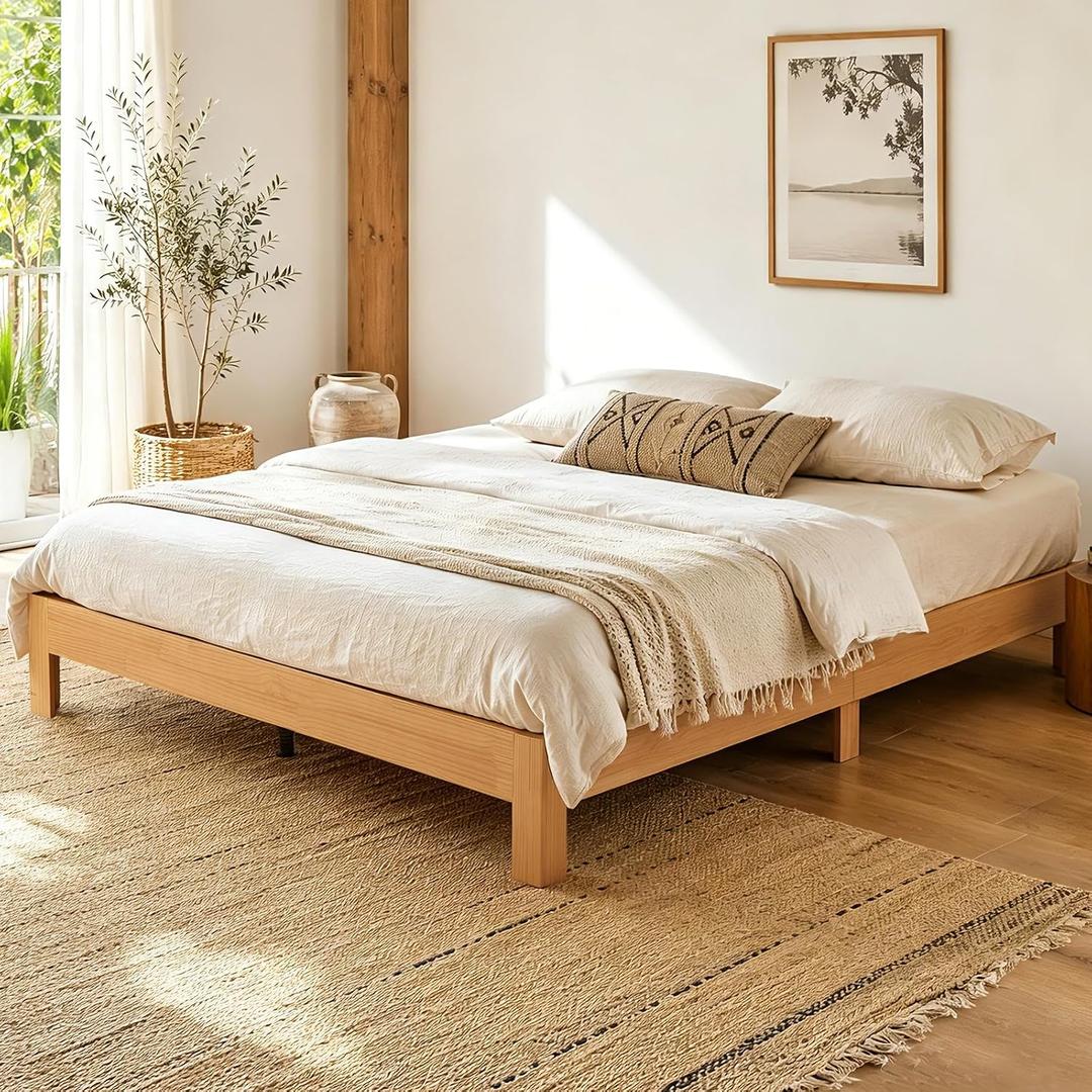 Queen Bed Frame, 11.5 Inch Solid Wood Platform Bed, Natural Pine