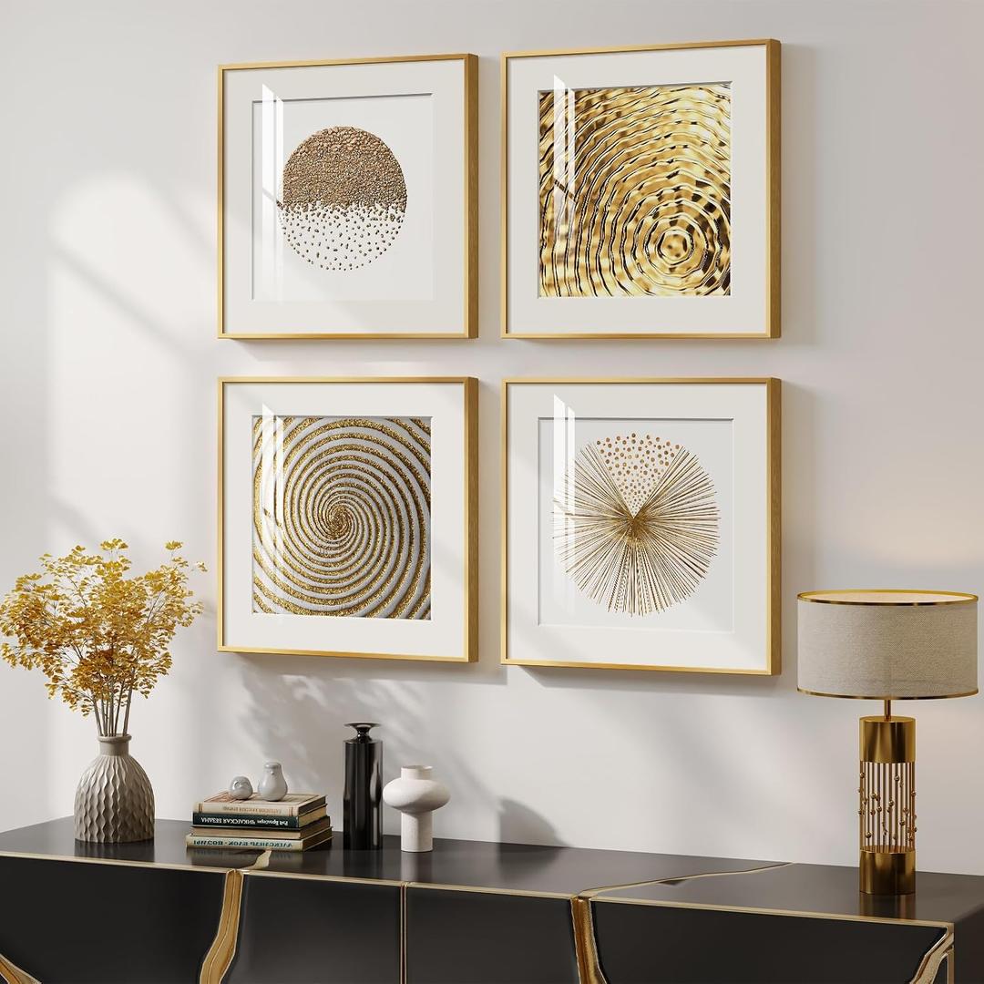 4 Pcs Framed Modern Gold and White Wall Art, Luxury Minimalist Canvas Pictures Prints, Geometric Painting Artwork Home Decoration for Hallway, Bathroom, Dining Room and Living Room