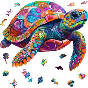 Mys Aurora Colorful Turtle Puzzles for Adults 200 Pieces, 5MM Thick Wooden Jigsaw Puzzles, Unique Shape Puzzle Ocean Wood Puzzles for Adults and Kids Birthday Gifts Family Game 11.4 * 11.4 inches
