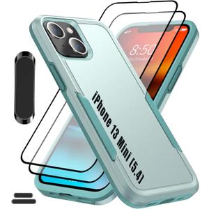 for iPhone 13 Mini 5.4 Inch Double Layer Hybrid Military Grade Rugged Shock Resistant Drop Case with 1 PCS Magnetic Car Mount and 2 PCS HD Tempered Glass Screen Protector (Green)