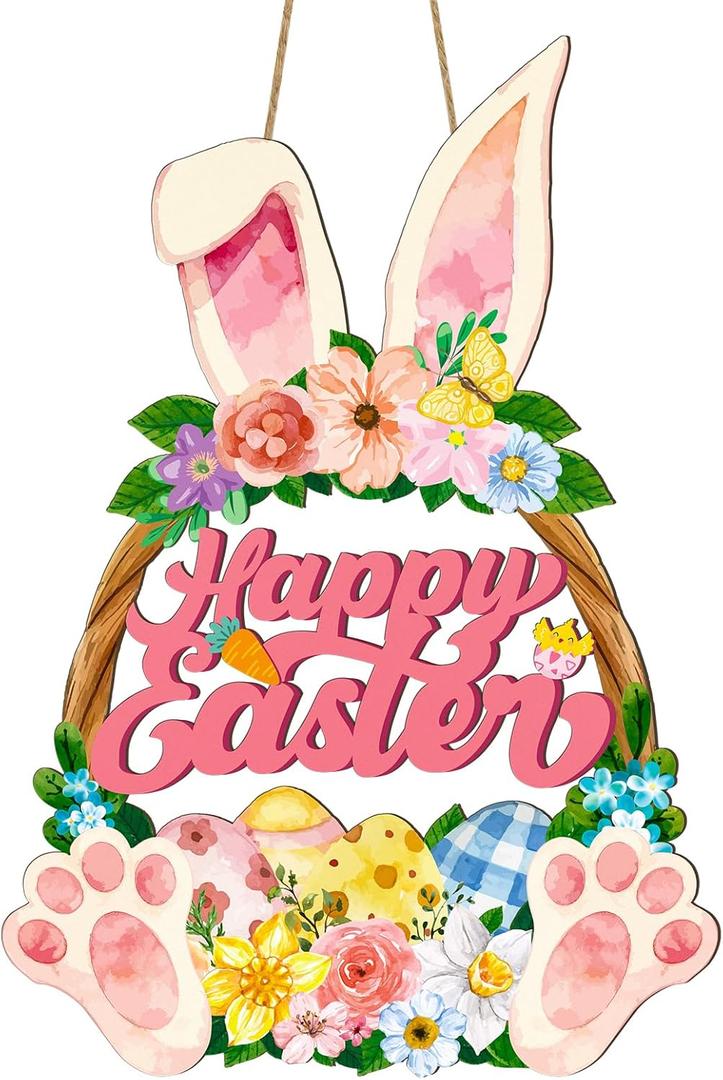 Wooden Easter Wreaths for Front Door Happy Easter Sign Hollow Bunny Sign Rabbit Spring Door Decoration, Colorful Flower Egg Welcome Hanging for Home Porch Window Wall Decor Party Indoor Outdoor