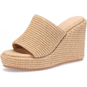 VICKIVICKI Women's Platform Sandals Wedge Ankle Strap Open Toe Sandals (6.5, Natural Raffia Upgrade)