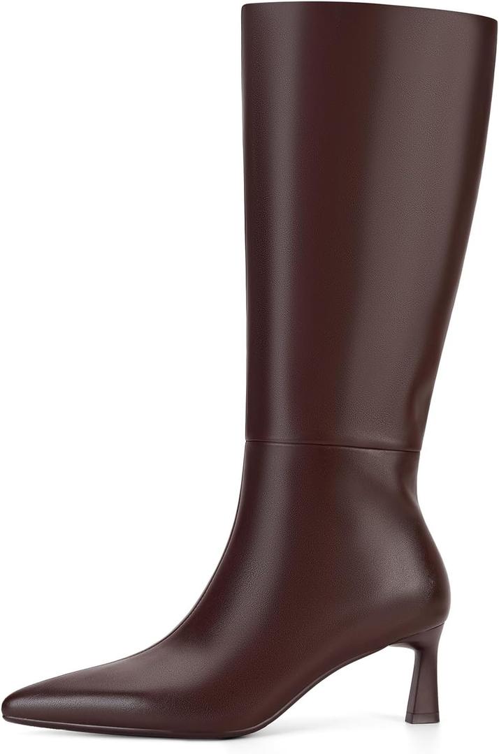 SOVANYOU Kitten Heel Knee High Boots for Women Pointed Toe Tall Boots Wide Calf Boots with Pull-on Style
