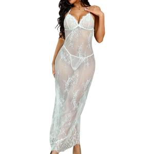 Hilinker Women's Sheer Lace Lingerie Dress Sexy Long See Through Mesh Chemise Nightgown with Thong White X-Small (White, XS)