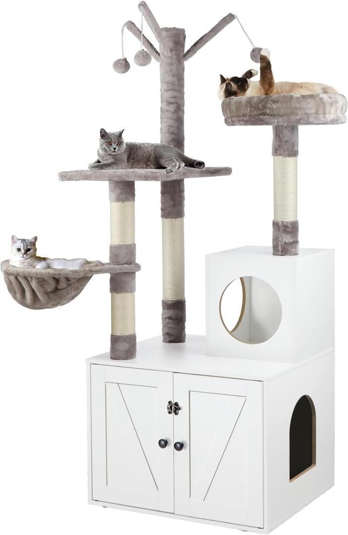 Litter Box Enclosure with Cat Tree, 2-in-1 Hidden Litter Box Furniture with Scratching Post, Modern Cat Condo, White Litter Box Enclosure with Cat Tree, 2-in-1 Hidden Litter Box Furniture with Scratching Post, Modern Cat Condo, White