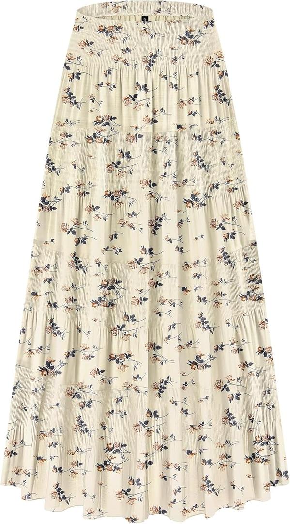 CYiNu Women's Chiffon Elastic High Waist Tiered Pleated Floral Printed A-Line Boho Long Maxi Skirts (Color: Brown Floral Light Beige, Large)