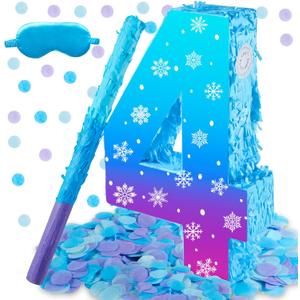 Snowflake Birthday Decorations, Winter Ice Snowflake Number 3 Pinata with Stick Blindfold and Confetti Snowflake Piñata 3rd Birthday Party Decoration & Supplies (Snowflake 4)