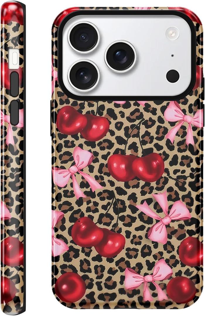 Case Compatible with for iPhone 17 Pro 6.3'', Cute Cherry Pink Bow Vintage Leopard Pattern Phone Case, Aesthetic Scratch Resistant Cover Shockproof 2 in 1 Silicone + Hard PC Design for Girls Women Men