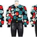 Angsuttc Women's Cropped Floral Bomber Jacket Puff Sleeves Lightweight Fleece Shacket Button Down Varsity Coat Outwear (Black&blue)