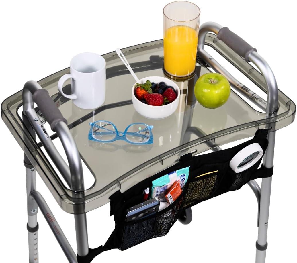 StrongArm Clear View Walker Tray + Bag + Non-Slip Mat & Cup Holder, Tray for Folding Walkers, Food Tray, Walker Accessories, Tray Table for Standard Adult Walkers (Black)