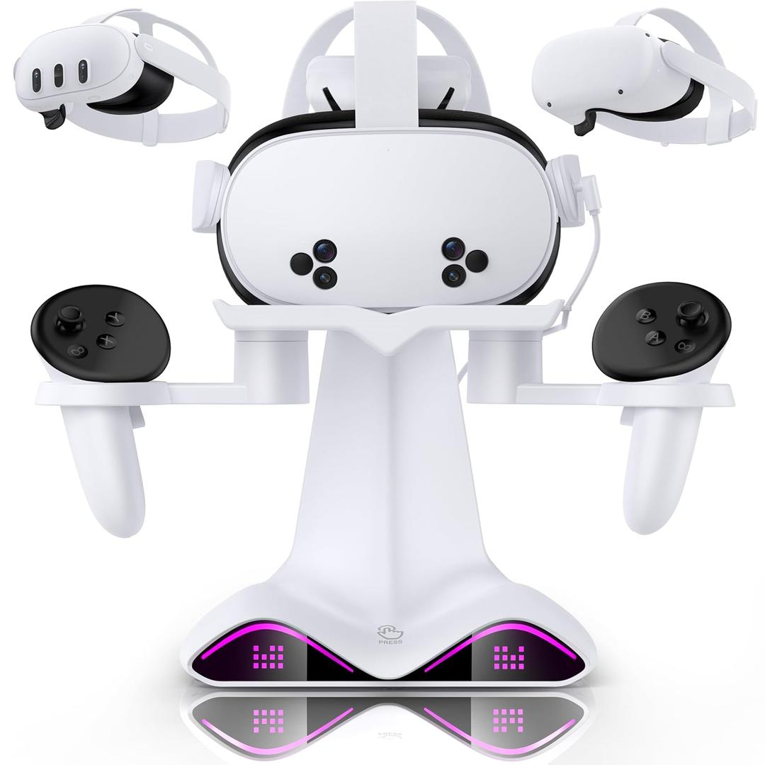 Charging Dock & Headset Stand for Meta Quest 3/3s/2, Fast Charging Station with 4 Controller Rechargeable Batteries, All-in-One Storage with 7 Lighting Modes for VR Headset Accessories & Controllers