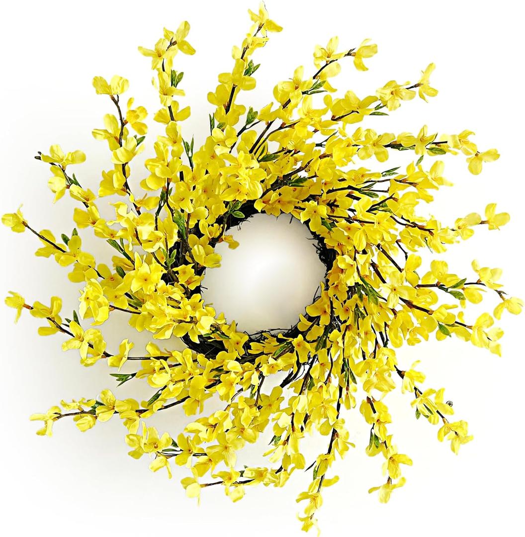 20 Inch Spring Wreath for Front Door, Yellow Forsythia Spring Wreath for Farmhouse Rustic Grapevine Blossom Cluster Festival Celebration Front Door Wall Window Party Decoration Home Dcor