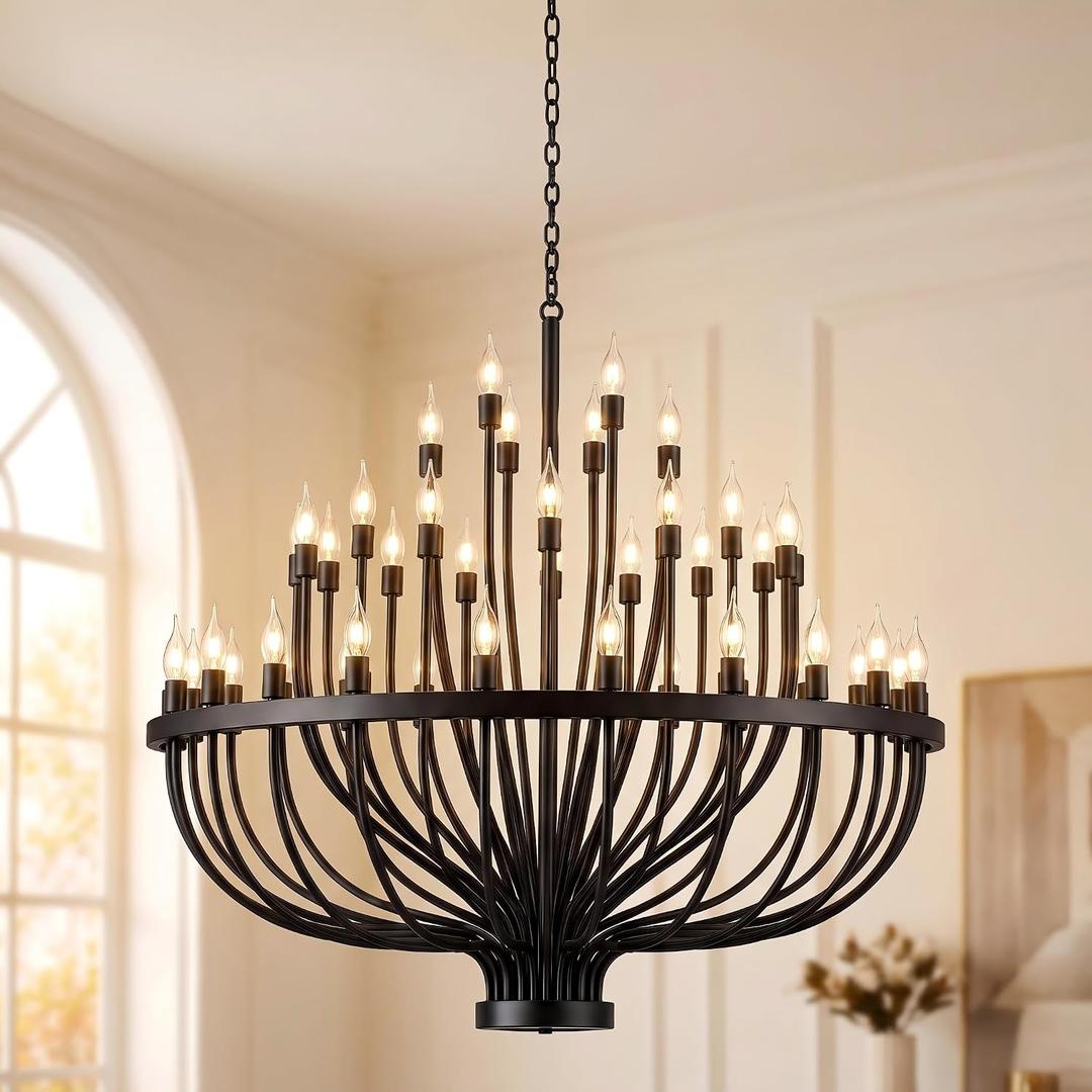 Large Black Wagon Wheel Chandelier 48-Light 47.2" for High Ceilings, 47.2in