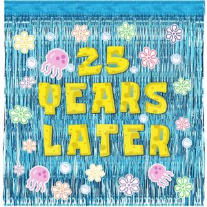 Cartoon Birthday Decorations Adjustable Number Years Later Banner Blue Tinsel Foil Fringe Curtains Backdrop Jellyfish Flowers and Bubbles Stickers for Ocean Theme Party Decorations