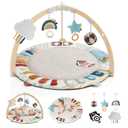 Blissful Diary Baby Play Gym & Activity Mat, 5 Developmental Zones Wooden Tummy Time Mat with 5 Detachable Sensory Toys for Motor Skills & Sensory Development, Baby Essentials Shower Gift (Gray Round)