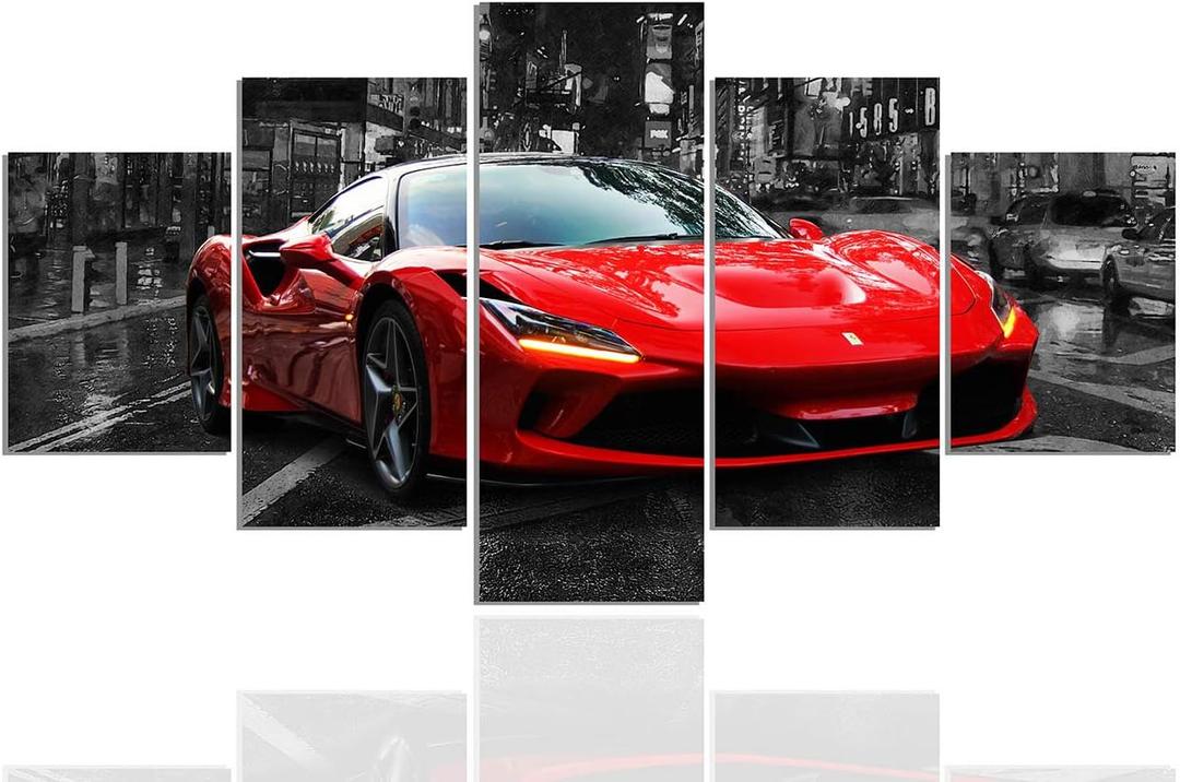 Black and White Wall Art Car Poster 5 Pieces Red Sports Car Large Canvas Art Pictures for Boys Room Bedroom Living Room Office Decor Ready to Hang (12x32 Inch x 1, 12x24 Inch x 2,12x16 Inch x 2)