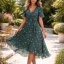 Summer Dresses for Women 2026 Floral Chiffon Dress Casual Short Sleeve Empire Waist Midi Dress Beach Vacation Outfits (Green, L)