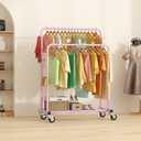 Laiensia Double Rods Garment Rack with Wheels, Clothing Rack for Hanging Clothes,4 Hooks, Multi-Functional Bedroom Clothes Rack, Pink