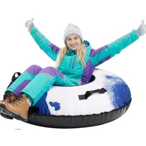 Snow Tube, 45''/48'' Rubber Snow Tubes with Commercial Grade Canvas Cover for Kids & Adults, Inflatable Heavy Duty Snow Sled Thickened Hard Bottom with Tow Strap, Sleds Winter Gifts