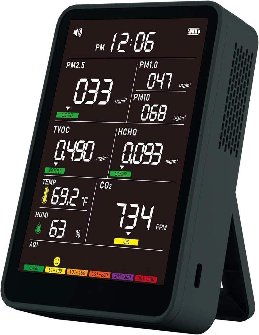 Professional Indoor Air Quality Monitor with AQI, Portable Real-Time Detector for Home Cars Plants and Pets