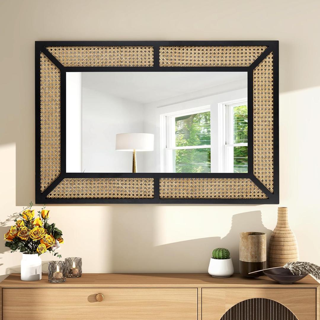 Rattan Mirror for Wall Decor Bohemian Rectangular Large Mirror, Boho Decorative Wall Mirror, Hanging Mirror, Woven Wicker Wood Frame