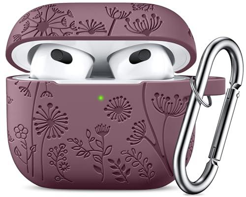 Lerobo for AirPods 3rd Generation Case Cover,Stylish Flower Engraved Compatible with Apple AirPods 3 Case Cover Cute for Women Men,Soft Silicone Protector with Keychain, Front LED Visible,Smokey Mauve