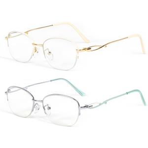 2 Pack Semi-Rimless Reading Glasses for Women, Lightweight Metal Frame Blue Light Blocking Reading Glasses Women