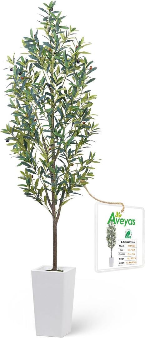 Aveyas 7ft Artificial Olive Tree for Home Decor, 7 Feet Large Faux Plant Fake Skinny Silk Trees with Pot for Indoor Outdoor House Living Room Office (7 ft Tall Including Raised Pot)