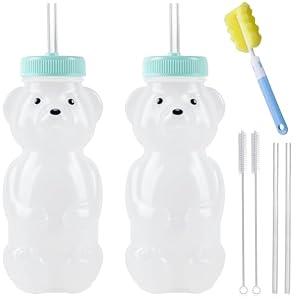 Honey Bear Straw Cups, Juice Bear Bottle Drinking Cup Long Straws with 4 Flexible Straws & Cleaning Tools, 8-Ounce Therapy Sippy Bottles for Speech and Feeding Training, Food-Grade & BPA Free 2 Pack